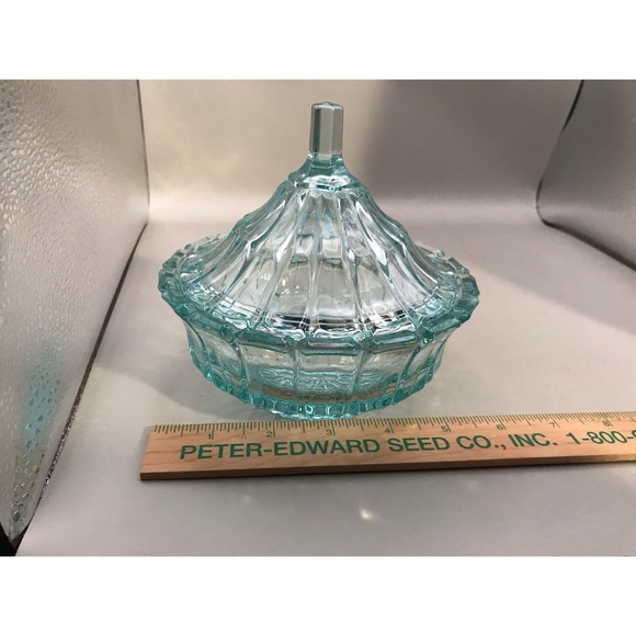 VTG 1970'S Indiana Glass Tiara 6" Diameter 6" Tall Aquamarine Covered Dish - Picture 7 of 8